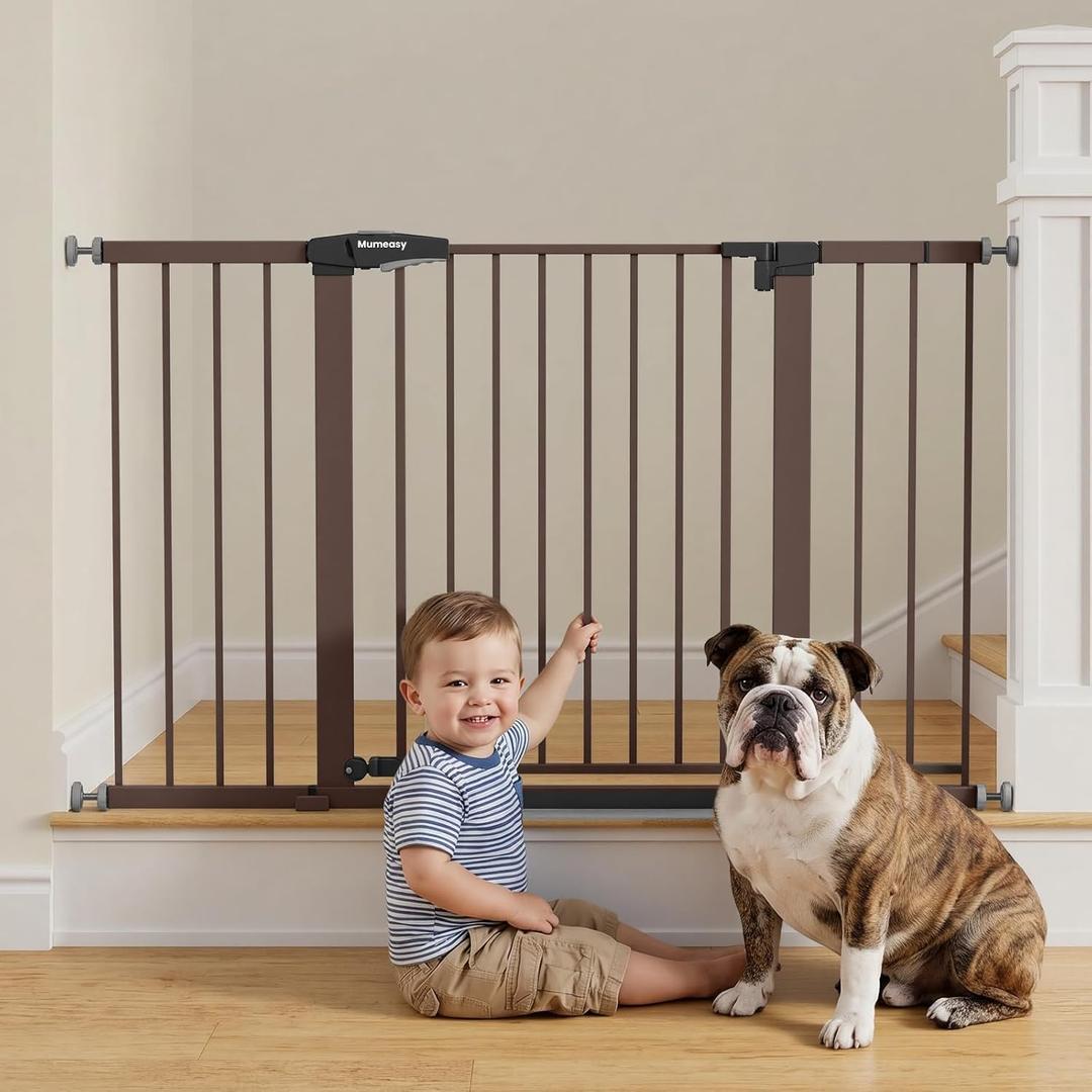 Mumeasy Baby Gate Extra Wide, 29.7-51'' Pressure Mounted Dog Gate with Walk Thru Door, Auto Close Pet Gate for House, Stairs, Doorways,Brown
