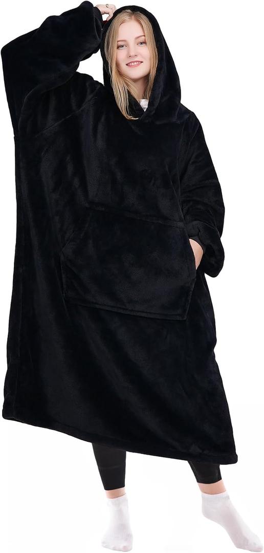 KPBLIS Wearable Blanket Hoodie Gifts for Women and Men, Oversized Wearable Hoody Blanket Sweatshirt, Warm Cozy Giant Fleece Blanket with Sleeves and Pocket for Adults, Black