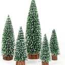 AerWo 5Pcs Mini Christmas Trees - Flocked Bottle Brush Trees With Wooden Bases for Tabletop Decor, Winter Holiday Table Decorations, Village Crafts