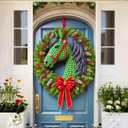 2 x BlissYard Christmas Door Cover 35x71 Inch Festive Horse Head Wreath Pine Cones Berries Holiday Banner Polyester Fabric Door Banner for Unique Home Entryway Equestrian Theme Decor Backdrop