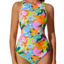 RXRXCOCO Women's One Piece Swimsuit Tummy Control High Neck Full Coverage Bathing Suit Color Block Swimwear M (Orange, M)