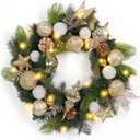24 Inch Lighted Christmas Wreath with Golden Christmas Balls Ornaments, Pre-lit Xmas Wreath Battery Operated with 20 LEDs Lights, for Front Door Gate Wall Christmas Party Decorations