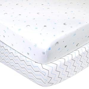 American Baby Company 2 Pack 100% Natural Cotton Fitted Crib Sheets 52" x 28" - Soft, Breathable, Hypoallergenic & Gentle Toddler Bed Sheets, Blue Stars/ Zigzag, Neutral for Boys & Girls