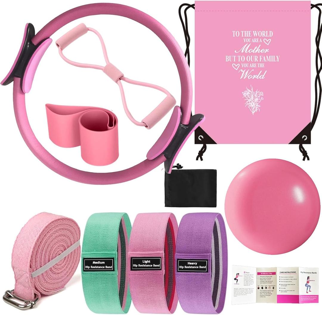 Pilates Essentials Kit for Women - Better Yoga Pilates Kit for Home Workouts with Pilates Ring and Ball Set, Booty Bands, Figure 8 Resistance Band, Yoga Bands for Stretching (Pink for Mother)