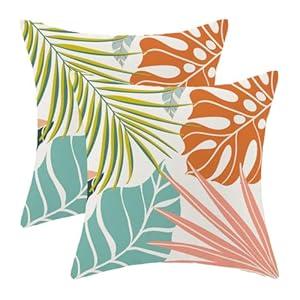 Summer Palm Leaf Pillow Covers 18 x 18 Inch Set of 2 Coral Orange Monstera Green Blue Tropical Leaf Throw Pillows Botanical Outdoor Decorative Pillowcase Linen Cushion Cases for Bed Sofa Couch
