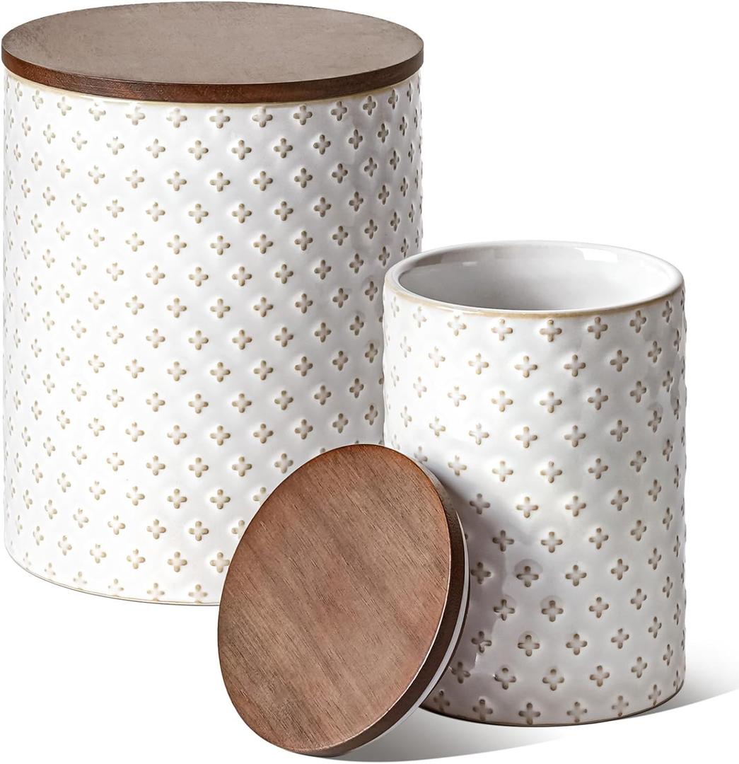LE TAUCI Ceramic Kitchen Canister Set with Airtight Lids, Food Storage Containers for Flour, Sugar, Coffee - Large Embossed Jars for Pantry Storage & Countertop Decor - Set of 2 (78/25 oz), Clover