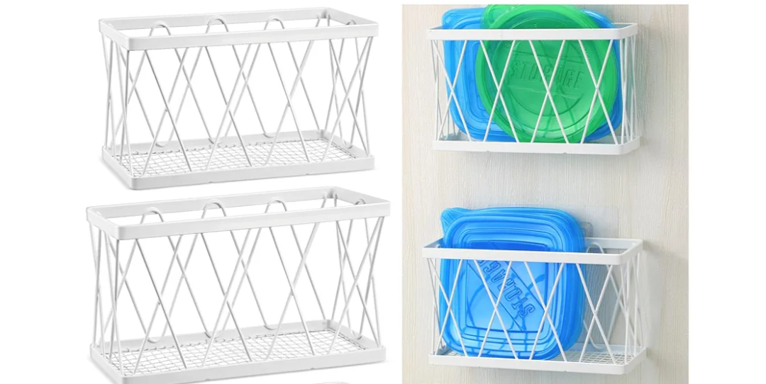 Tandefio 2Pack Adhesive Cabinet Organizers - Wall Mounted Cabinet Door Organizer Bin Holder for Kitchen Wall Under Sink Basket Slim Space (White) Adhesive Cabinet Door Organizer