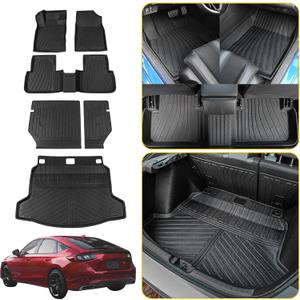 Floor Mats Compatible with 2022-2025 Honda Civic Hatchback Cargo Mat Liner TPE Trunk Mat Back Seat Cover Protector Kick Mat Civic Hatchback Accessories (Backrest Mats+Trunk Mat+Floor Mats)