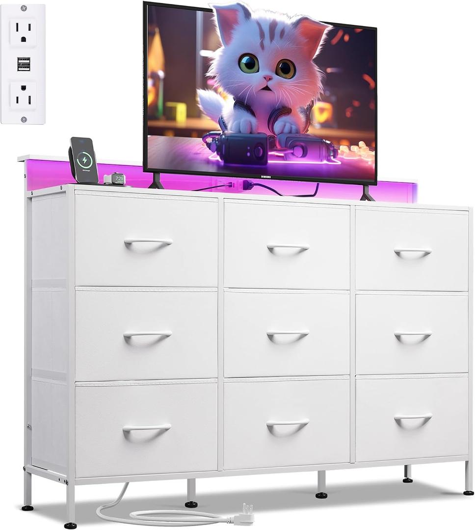 WLIVE White Dresser TV Stand for 45, 50, 55 inch TV, Entertainment Center with LED Lights & Charging Station, Chest of drawers with 9 Fabric Drawers and Open Shelves for Living Room, Hallway, Wood Top