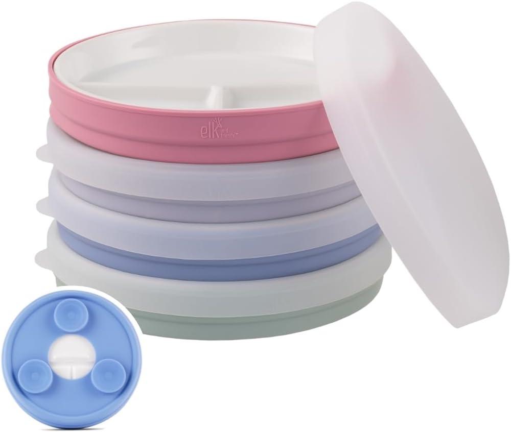 Elk and Friends Kids 6.7 Porcelain Divided Plates with Silicone Suction Sleeves + Silicone Lids | Suitable for Babies/Kids/Toddlers | Microwave & Dishwasher Safe | Non Slip | Snack Dishes | 4 Pack (Blush/Misty Blue/Sage/Lilac)