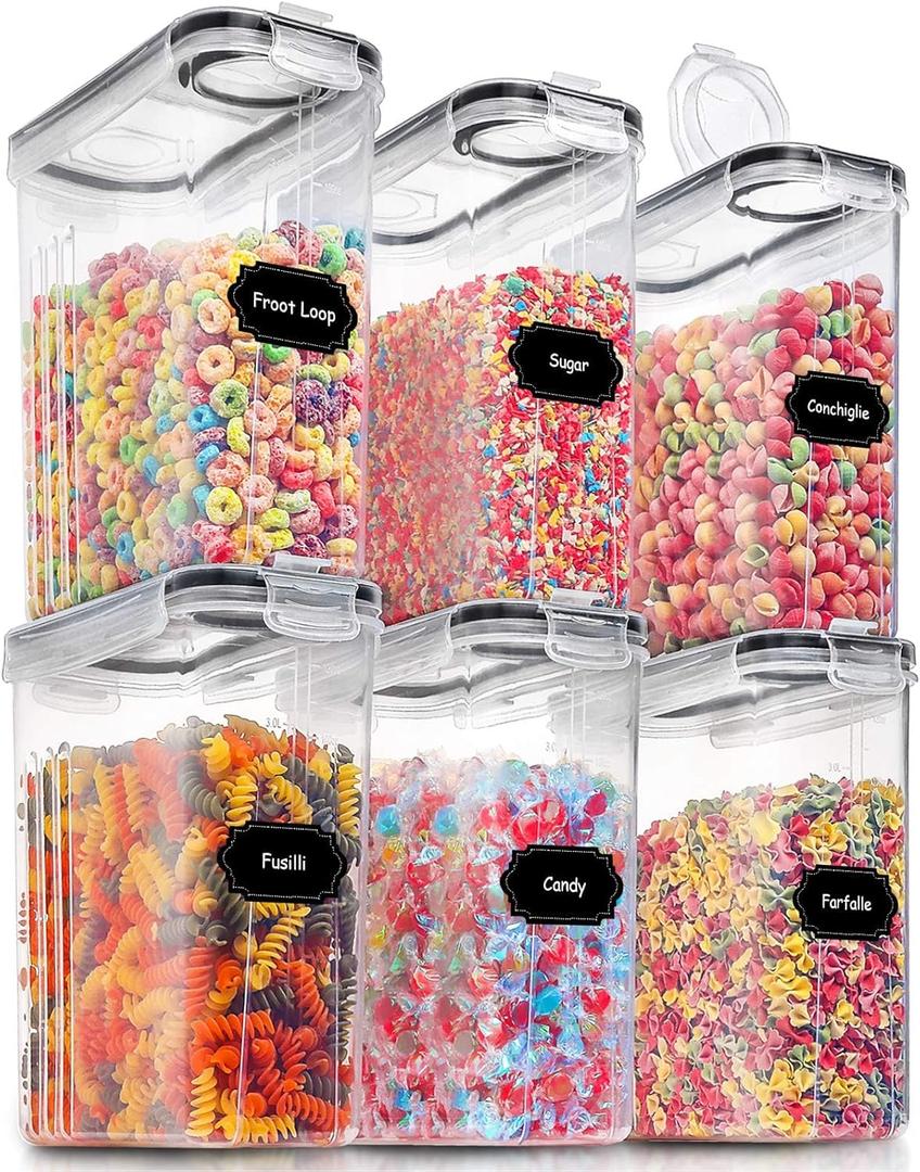PRAKI Large Dry Food Storage Containers with Lids, 6PCS Airtight Cereal Containers Storage Set, Leak-proof Canister Set for Kitchen Pantry Organization with 20 Labels & Marker (4L Black)