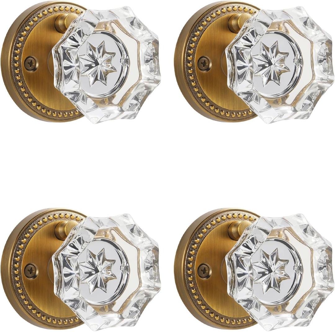 4 Pack Antique Brass Door Knobs Crystal Door Knob Interior Privacy Door Knob for Bedroom and Bathroom Glass Door Knob,Zinc Alloy