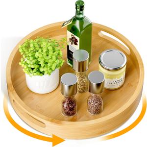 Lazy Susan Organizer Homerays 12 Inch Non-Skid Bamboo Lazy Susan for Kitchen Rotating Spice Rack with Handles, Wood Turntable for Kitchen Cabinet,Countertop (Bamboo, Medium), 12" High Rim Bamboo