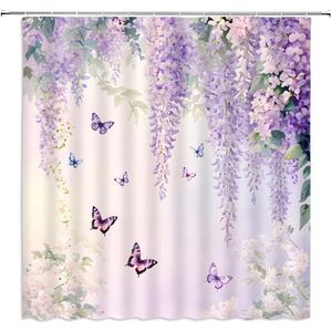 Purple Floral Butterfly Shower Curtain Rustic Weeping Wisteria Blossom Watercolor Lavender Flower Green Leaves Spring Garden Nature Scenery Bathroom Decor Polyester Curtains with Hooks,70Wx70L