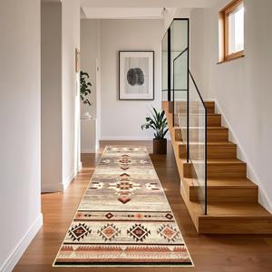 Hallway Runner Rug 2 x 8, Non-Slip Western Runners for Bedroom Kitchen, Accent and Tribal Style Long Rugs Washable, Warm Beige
