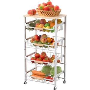 JAQ Fruit Basket for Kitchen, 5-Tier Slide Out Storage Baskets Carts Organizers Drawers with Wood Top Table with Rolling Wheels for Snacks Vegetables Vianderos Para Cocina Modernos (White, 5 Layer)