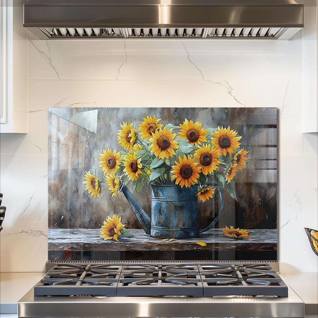 fzxwyishu Tempered Glass Backsplash for Kitchen,Stove Splashback Protector Sunflower Design | Heat-Resistant Splash Board, Kitchen Wall Decoration, 30"L x 20"W