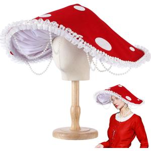 Mushroom Hat Renaissance Medieval Costume Cosplay Victorian Fairy Accessories with Bead Lace Brim Cap (Red)
