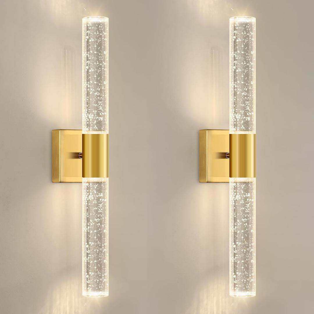Brushed Gold LED Wall Sconces Set of 2 with LED Warm Light Interior Glam Crystal Wall Light, Hardwired