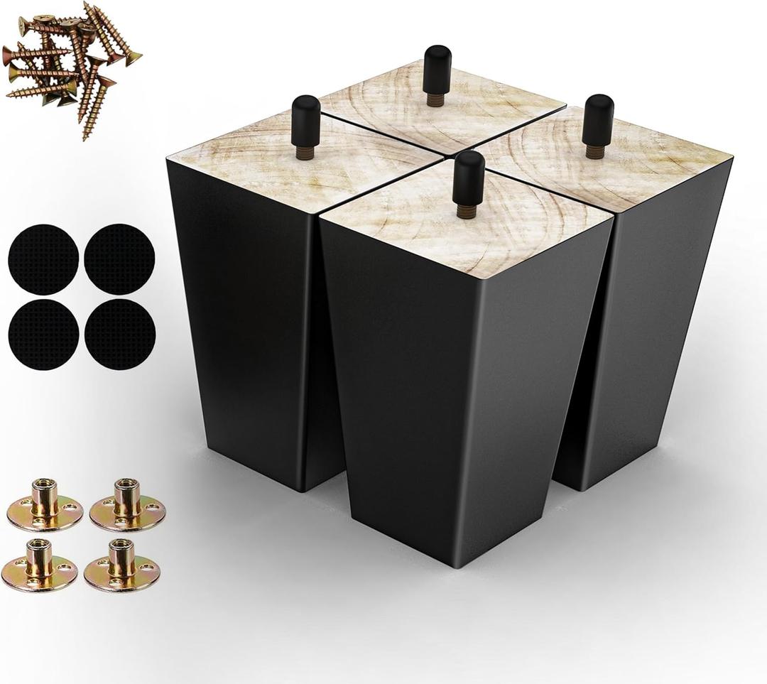 Wood Furniture Legs 4 inch Sofa Legs Pack of 4,Square Couch Legs Black Mid Century Desk Legs,Sofa Replacement Parts,for Dresser, Sideboard, Recliner, Coffee Table