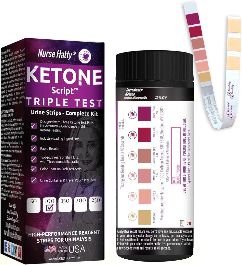 100ct Triple Test Ketone Strips | Complete KIT | 3X Urine Accuracy for Ketogenic, Ketosis, Low-carb, Paleo & Keto Diets | Urinalysis Test Tube, Travel Pouch & Built-in Color Chart