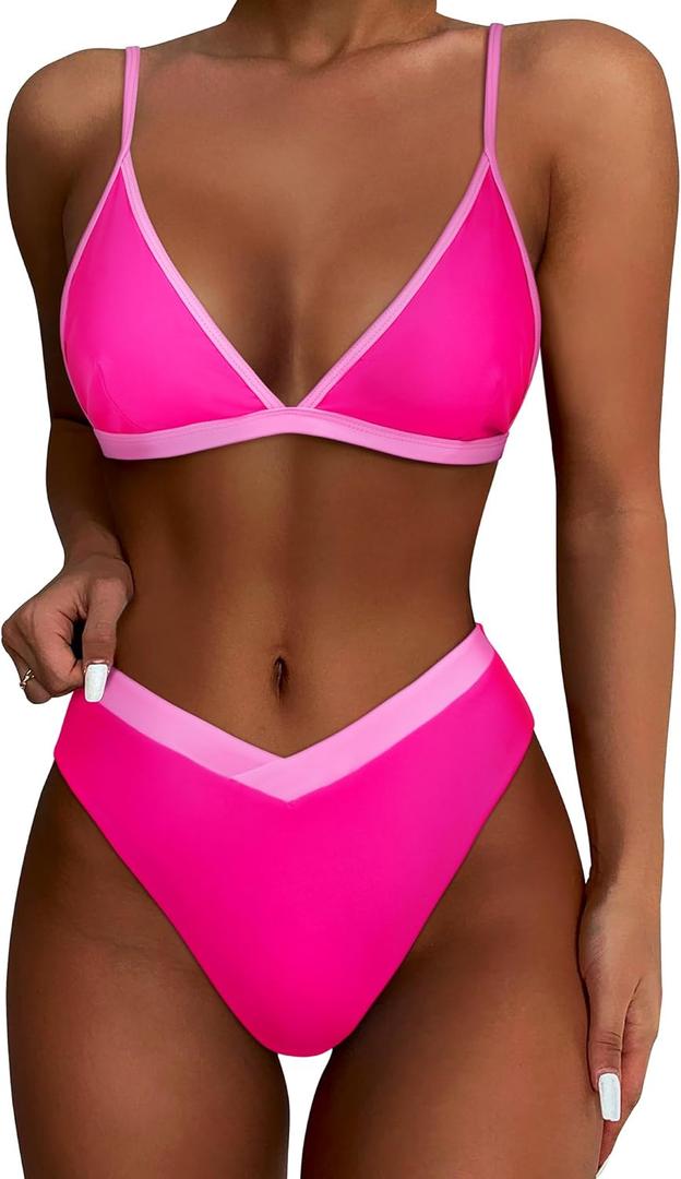 SUUKSESS Women Triangle High Cut Bikini Sets Sexy High Waisted 2 Piece Swimsuit (Medium, 57 Pink Color Block)