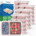 Dealusy 50 Pack (100-Piece) 28 oz Meal Prep Containers Reusable with Lids 2-Compartment, Sturdy Leakproof Food Safe, Microwave Freezer Dishwasher Safe, To Go Take Out Plastic Food Storage, Pink