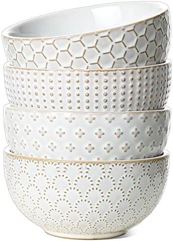 LE TAUCI Cereal bowls 26 oz, Ceramic Soup Bowl for Kitchen, Embossment Stoneware Bowl for Pho, Chip, Fruits, Salad, Noodle, Ramen, Suit For Housewarming - 6 Inch, Set of 3, Arctic white. 1 Demaged