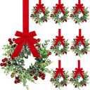 6 Pieces 9" Mini Christmas Wreaths for Kitchen Cabinet Small Christmas Candle Rings Eucalyptus Wreath Pillar Candle Rings Table Centerpieces Hanging Garlands for Front Door Window Decor (Red Berry)