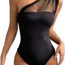 SOLY HUX Bodysuits for Women Mesh Sheer Ruched One Shoulder Sleeveless Summer Bodysuit Tops, L