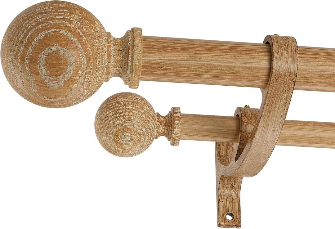 Double Wood Curtain Rods for Windows 36 to 72 Inches,1 Inch Front and 5/8 Inch Back Farmhouse Wooden Curtain Rod with Imitation Wood Grain Ball Finials and Double Aluminum Bracket,Light Wood Grain