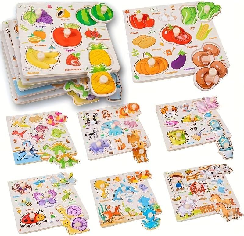 8Pcs Wooden Puzzle for Toddler 1-3, Peg Puzzles for Toddler 2-4, Montessori Learning Toys with Animals, Dinosaur, Fruits & More, Preschool Puzzle Set Educational Toys Toddler Gifts for Girls Boys
