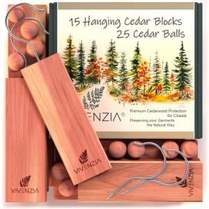 2 x Cedar Blocks for Clothes Storage 40pcs (15 Hang-ups, 25 Balls), Cedar Blocks for Closet, Cedar for Closets, Cedar Planks, Natural Closet Smell Eliminator, Natural Closet Deodorizer