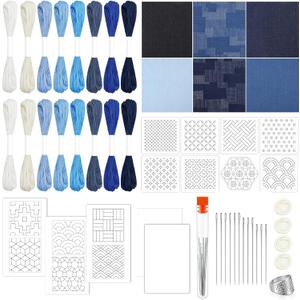 52PCS Sashiko Embroidery Kit with Threads, Needles, Thimble, Plastic Stencils, Denim Fabric and Water-Soluble Pattern Sheets for Beginners, DIY Stitching, Mending and Sewing