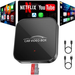 Wireless Carplay & Android Auto Adapter Built in Netflix YouTube, 3-in-1 Car Play Ai Box Convert Wired to Wireless CarPlay,Upgraded Dual-Band WiFi, TF Card, Video Box for iPhone/Android, Plug & Play