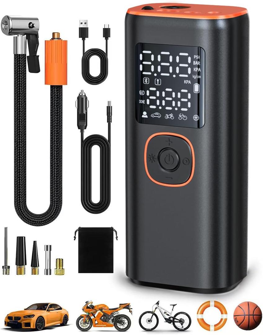 Tire Inflator Portable Air Compressor, 160PSI Fast Inflation Air Pump For Car Tires with Digital Pressure Gauge, LED Light and Auto Shut-Off Portable Air Pump for Car, Motorcycle, Bike (Black/Orange)