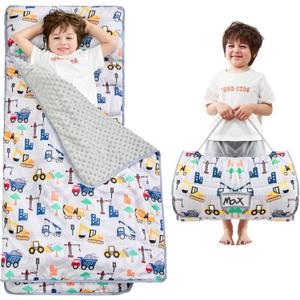 Lasoftan Toddler Nap Mat with Pillow and Blanket, Extra Large Rolled Napping Mats,Slumber Bags for Boys Girls,Kids Sleeping Bag for Daycare, Preschool Travel Camping (Truck)