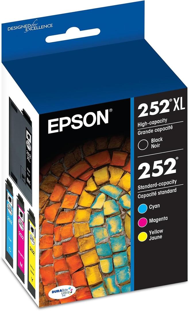 EPSON 252 DURABrite Ultra Ink High Capacity Black & Standard Color Cartridge Combo Pack (T252XL-BCS) Works with WorkForce WF-3620, WF-3640, WF-7110, WF-7610, WF-7620, WF-7710, WF-7720, WF-7210 (Multi-Pack)