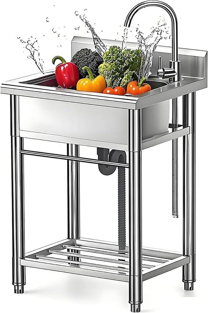 Stainless Steel Utility Sink with Faucet - Free Standing Outdoor Single Bowl Prep Sink for Commercial Kitchen, Laundry, Garage, Shop, Patio, Backyard & Industrial Use, 23-Inch