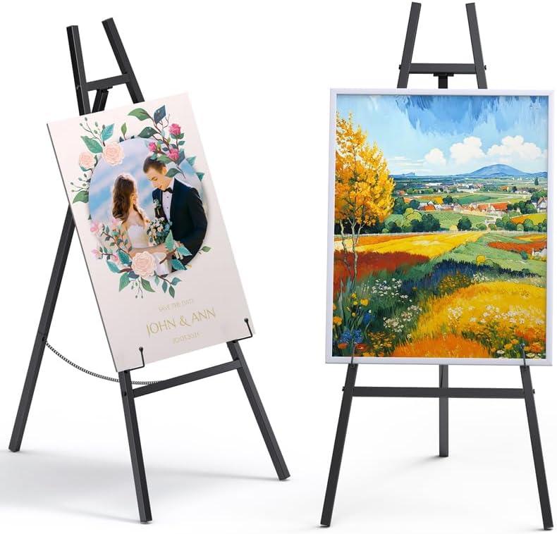 Metal Easel Stand Adjustable Heavy Duty Metal Display Eassel for Wedding Signs, Posters, Paintings & Commercial Displays Sturdy Art Easel with Secure Chain (Black), 2.34 x 17.55 x 4.68 inches