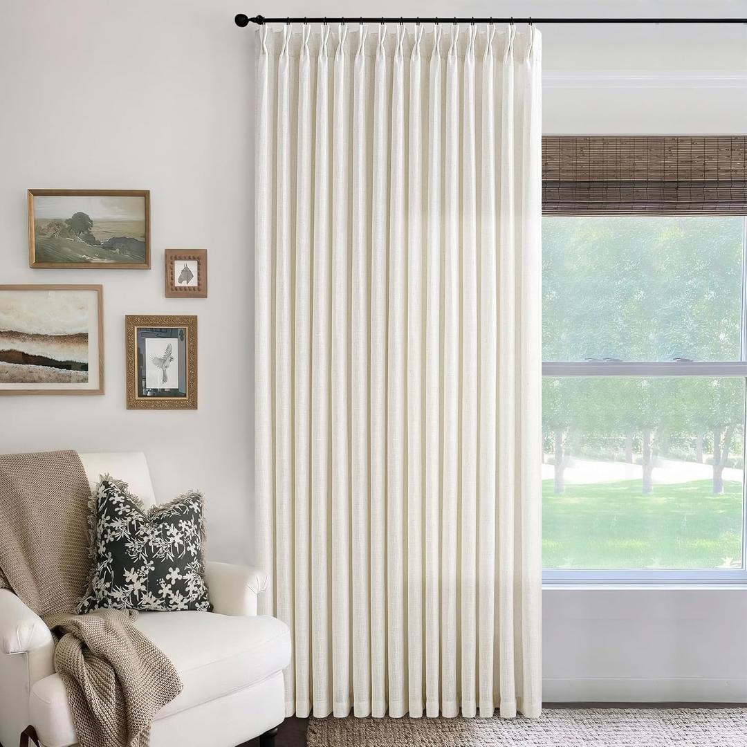 100 Inch Wide Curtains 84 Inches Long Linen Pinch Pleated Curtains for Patio Sliding Door Light Filtering Pinch Pleat Drapes Cream Ivory Boho Extra Wide 100 x 84 Drapes Living Dining Room 1 Panel (Natural)