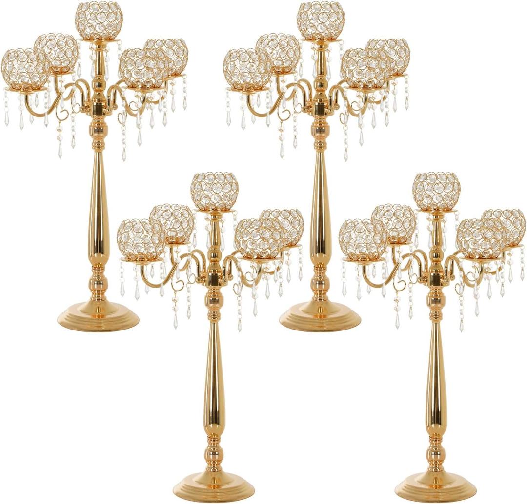 4 Packs 5 Arms Crystal Candelabra for Wedding Centerpiece, Gold Floor Candle Holder Set with Chandelier Crystal Beaded Anniversary Dinner Party Table Decor candelabros de mesa Elegantes Palace Themed