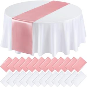 Queekay 24 Pcs 84'' Round Plastic Tablecloth 12 x 108'' Satin Table Runners Set White Plastic Table Covers Round Waterproof Cloths for Wedding Party Decor Baby Shower Birthday(Rose Gold)