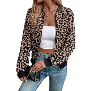 Milumia Women's Leopard Print Zip Up Bomber Jacket Long Sleeve Jackets Outwear (Medium, Khaki)