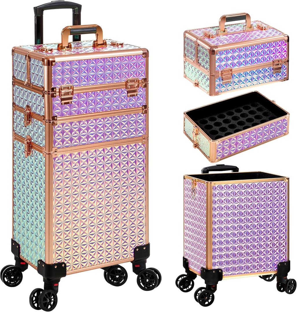 3 in 1 Rolling Makeup Train Case Professional Large Cosmetic Trolley Cosmetology Case on Wheels Traveling Cart Trunk for Hairstylist Artist Nail Beauty Salon Barber, Colorful