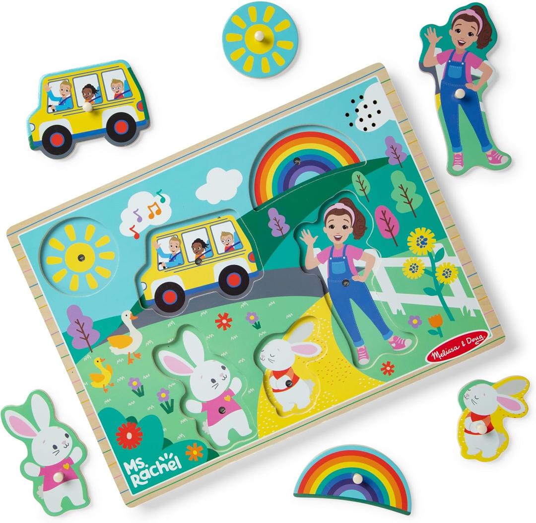 Melissa & Doug Ms. Rachel Wooden Song Peg Puzzle, 6-Piece Light-Activated Sound Puzzle with Full Songs, Toddler Toys for Boys and Girls Ages 2-5+ Years - FSC Certified
