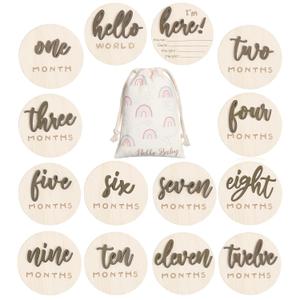 7 Pack 3D Baby Monthly Milestone Card Signs Baby Announcement Sign Double Sided Hello World Newborn Signs Wooden Circles Discs for Welcome Newborn Boy Girl Photo Props(Brown,Letter)