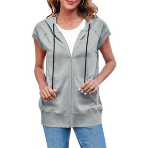 Fisoew Women's Sleeveless Zip Up Hoodies Casual Loose Fit Drawstring Sweatshirts Lightweight Jackets Vest with Pockets (XX-Large, Grey)
