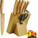 Luxury Gold Kitchen Knife Set8-Piece Titanium Coated Dishwasher Safe Gold Chef Knife Set,Wooden Block with Built-In Sharpener Housewarming Gift for Home Kitchen