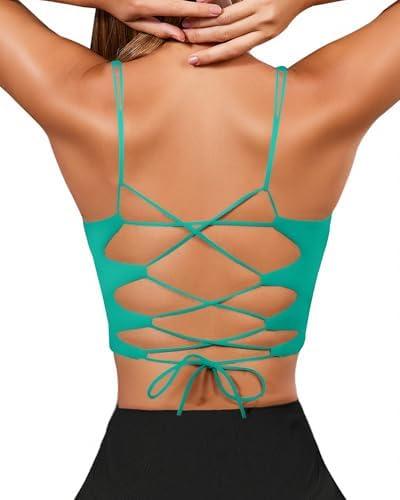 XUNYU Strappy Sports Bras for Women High Support Longline Workout Tops Built in Bra Cross Yoga Crop Tank Top Padded Size Medium